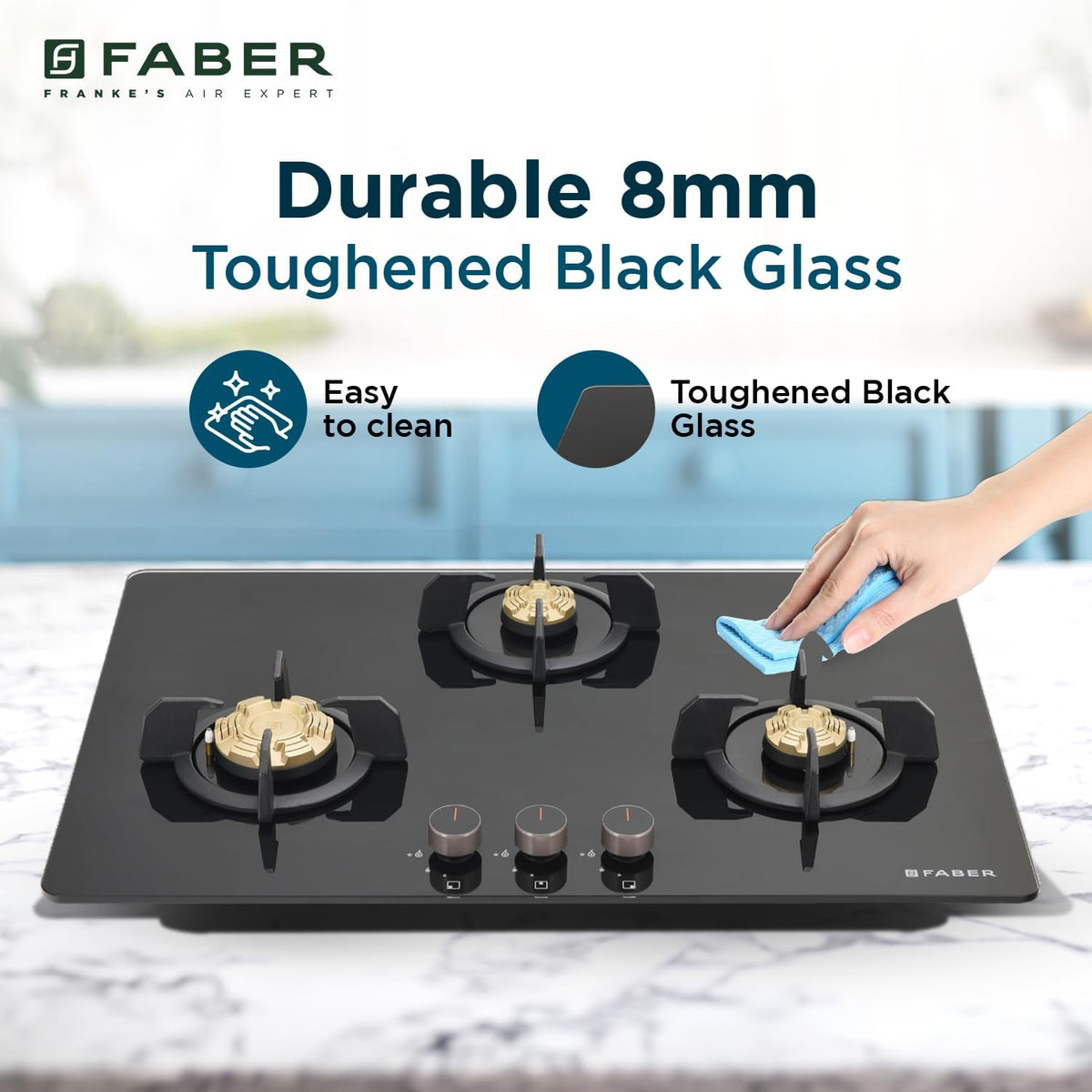 Faber 3 Burner 78Cm HOBTOP|Auto Ignition |Metal Knobs| Cast Iron Pan Support|HOB/Cooktop Hybrid|Black Glass Finish|5 Yrs