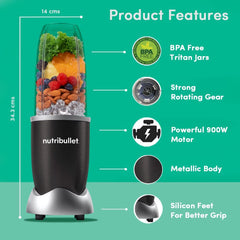 Nutribullet PRO 900W Black, 12 Pcs Set, USA #1 Mixer/Grinder/Smoothie Maker, "The Original Nutribullet", Food Processor, Best Blender, 3 Unbreakable Jars, 2 Blade Set - Wet & Dry