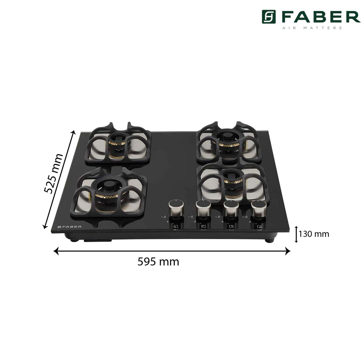 Faber Glass and Mild Steel Hobtop Imperia 604 BRB Ci Bk 4 Brass Burner Auto Electric Ignition Glass Top (Black)
