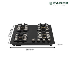 Faber Glass and Mild Steel Hobtop Imperia 604 BRB Ci Bk 4 Brass Burner Auto Electric Ignition Glass Top (Black)