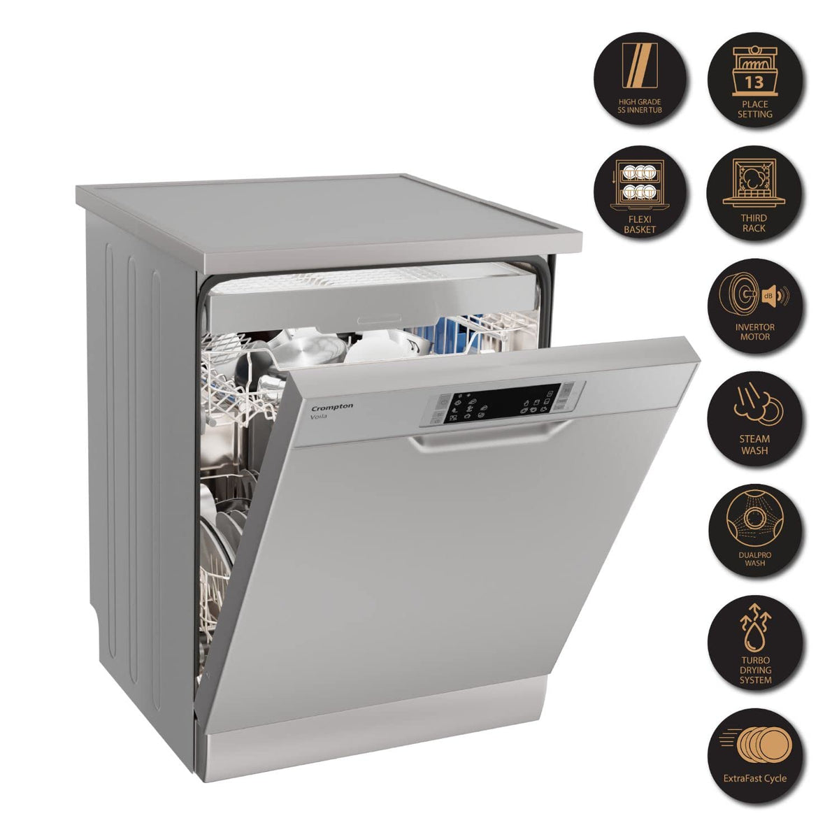 Crompton 13 Place Setting Freestanding Dishwasher with 8 Wash Programs and Turbo Drying Technology (FS-DWVOV13PS-INX)-3