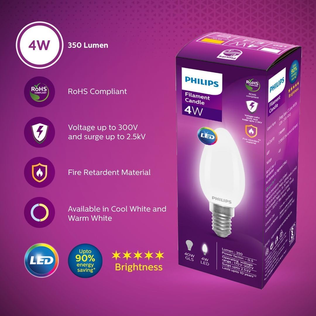 Philips 4-watt Filament Candle LED Bulb (White, B0C9HY14L6)