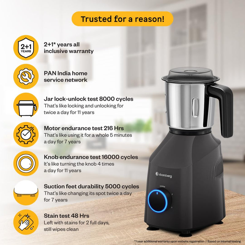 Atomberg Yulia 750 Watt Mixer Grinder | 4 Multipurpose Jars including Chopper Jar | Coarse Mode for Silbatta-like Textures | Powerful Intelligent Motor | Advanced Safety Features | Pebble Grey