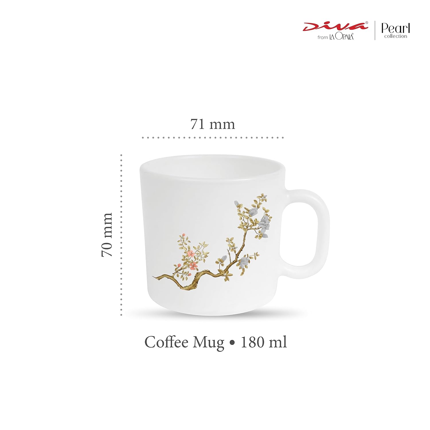 La Opala Diva, Pearl Collection Opal Glass Crockery | Coffee Mug Regular, Set of 6 | Zen Garden, 190 ml | for Tea & Coffee | Microwave Safe | 100% Vegetarian | Extra Strong | Super Light & White