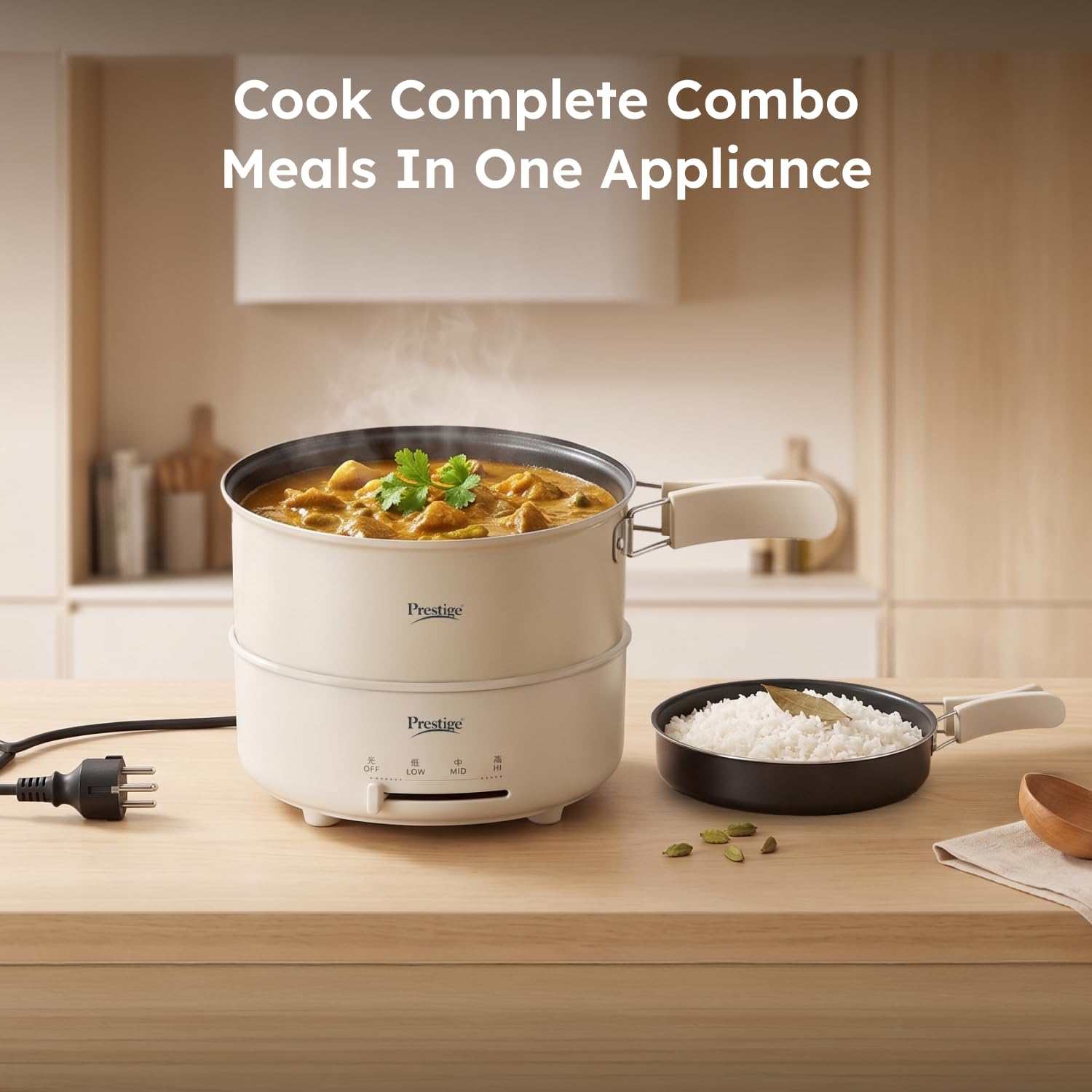 Prestige Electric Omnipot | 1000W Electric Cooking Pan & Fry Pan with Lid | Steam Vent | Temperature Control Slider | Cool-Touch Foldable Handles | Detachable Power Cord | Compact Design | 1Y Warranty