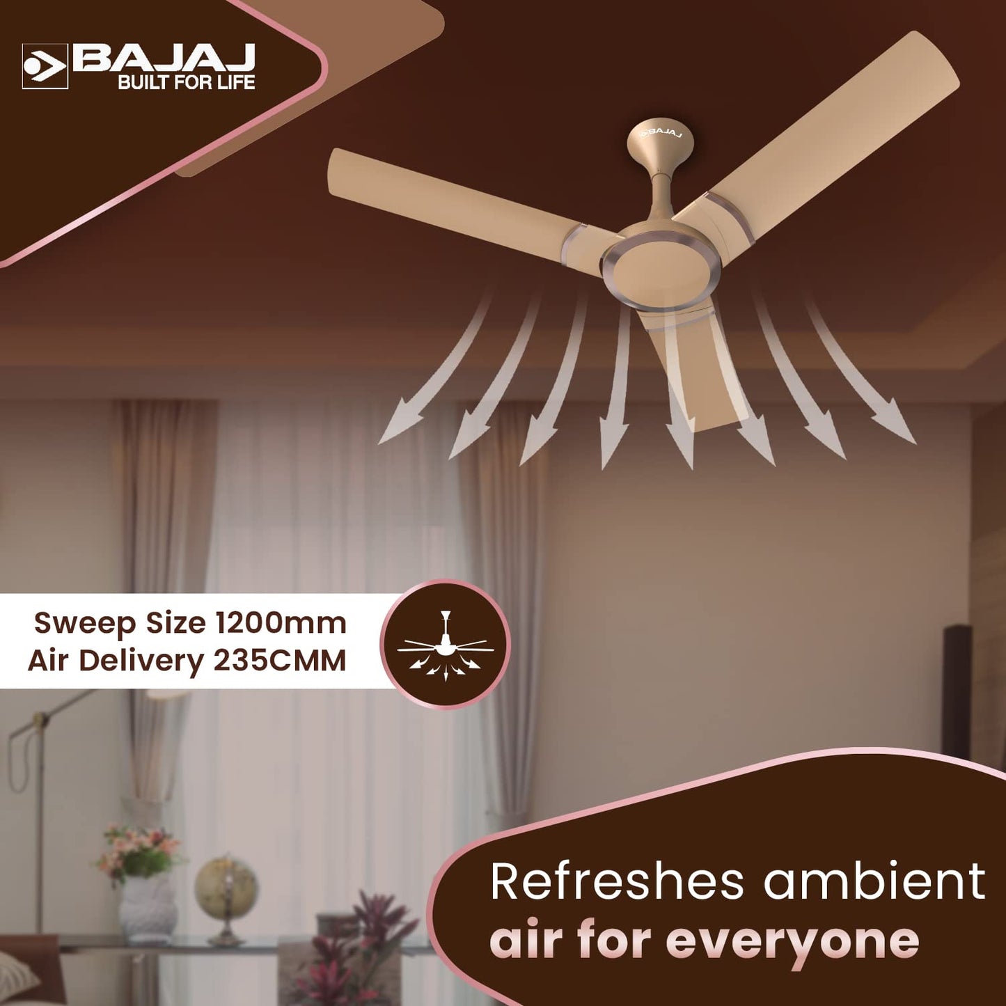 Bajaj Stylo 12S2 1200MM (48") Ceiling Fans for Home | BEE-2 Star Rated Energy Efficient Fan | SUPER 5TUFF TECHNOLOGY™ | SumoTuff Blades | High Air Delivery & High Speed | 5-Yrs Warranty 【Amber Gold】