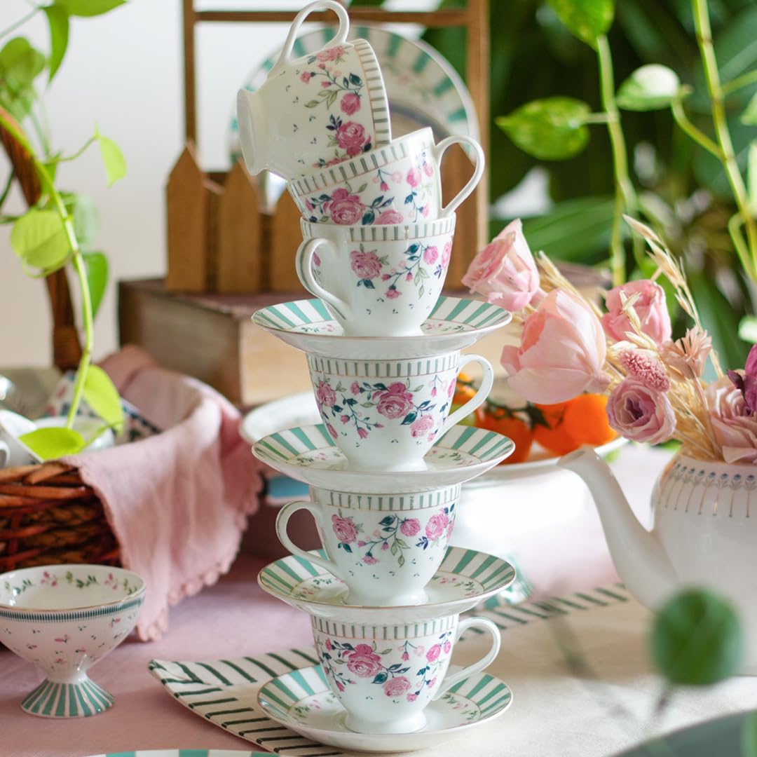 Magique by The Wishing Chair x ClayCraft : Portrait of a Rose Tea Cups & Saucers Set of 6 | 180 ml Fine Ceramic Floral Cups | Elegant Glossy Finish | Ideal for Gifting & Home Use