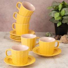 Clay Craft Fine Ceramic Armada Mustard & Pink Cups & Saucer, Set of 12, Cups for Tea & Coffee, Gift Set, Elegant Design for Home and Kitchen and Can Be Gifted to Your Loved Ones On Any Occassions