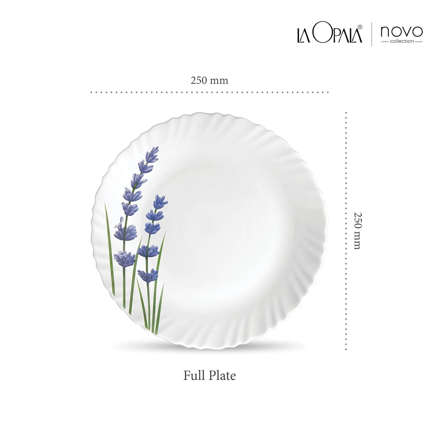 La Opala Novo Collection Opal Glass Crockery | Full Plate Set of 6 | English Lavender Design | Plates for Dining & Gifting | Microwave Safe | 100% Vegetarian | Extra Strong | Super Light & White