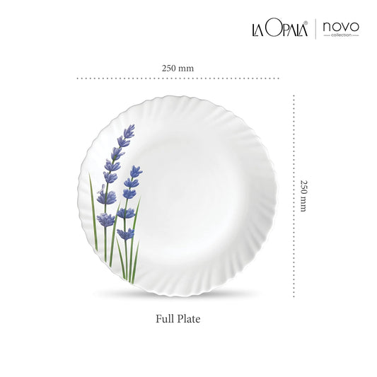 La Opala Novo Collection Opal Glass Crockery | Full Plate Set of 6 | English Lavender Design | Plates for Dining & Gifting | Microwave Safe | 100% Vegetarian | Extra Strong | Super Light & White