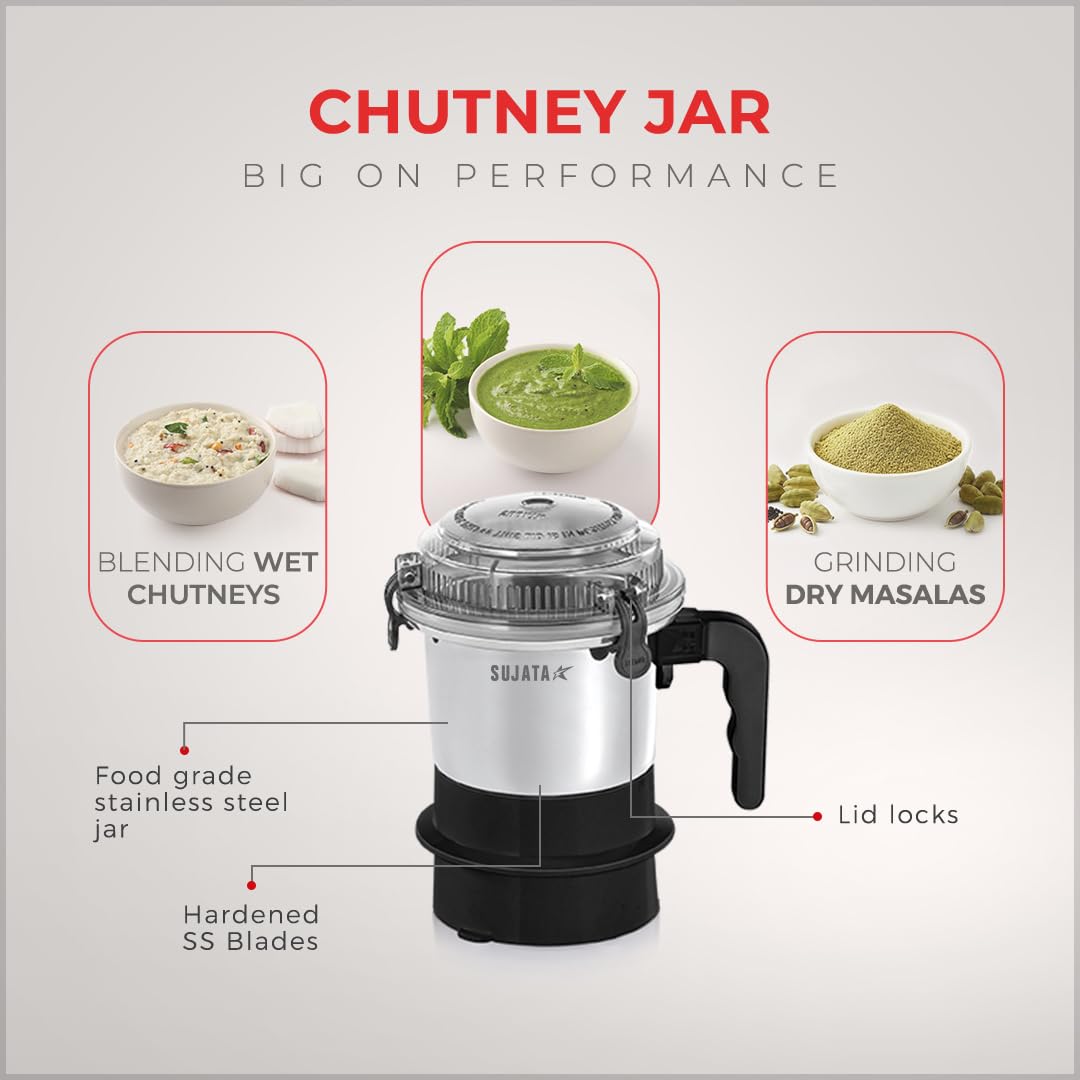 Sujata Dynamix Mixer Grinder|900 Watts Double Ball Bearing Motor|22000 RPM|Non-Stop 90 Mins Running|3 Food Grade Steel Jars - 1500ml Multipurpose, 1000ml Grinder, 500ml Chutney Jar|Black