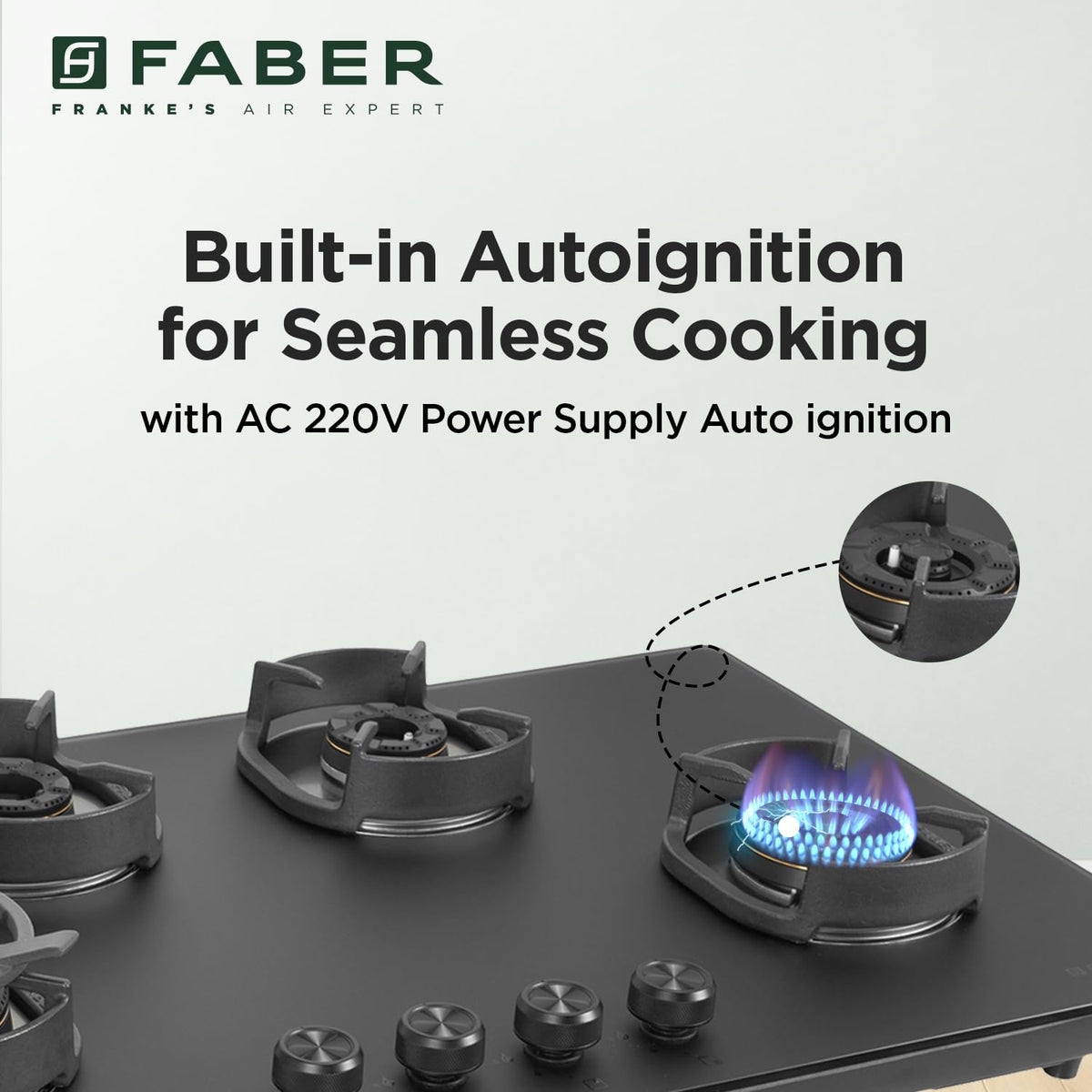 Faber Della 4 Burner 90cm Hob With Auto-Ignition, Brass Burner, Cast Iron Pan Support, Cooktop Hybrid, Matt Black Glass 