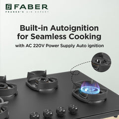Faber Della 4 Burner 90cm Hob With Auto-Ignition, Brass Burner, Cast Iron Pan Support, Cooktop Hybrid, Matt Black Glass 