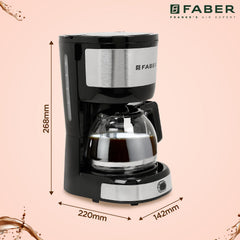Faber Drip Coffee Machine FCM 0.6L SS BK 800W|| 4 Big Cups||Warming Plate- Keeps Coffee Warm for 30 mins||Removable Filt