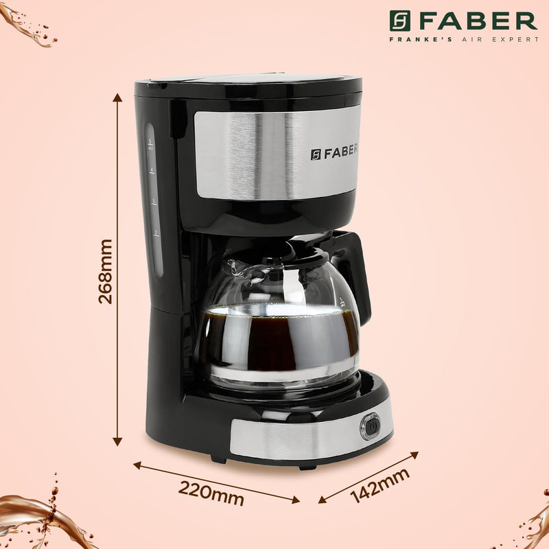 Faber Drip Coffee Machine FCM 0.6L SS BK 800W|| 4 Big Cups||Warming Plate- Keeps Coffee Warm for 30 mins||Removable Filt