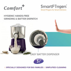 SmartFingers Comfort + Table Top Wet Grinder 230V, 3 Liter, Violet with Coconut Scrapper & Atta Kneader Attachment | Hands-Free Batter Dispenser | Top Wiper, 220W Motor | 5 Years Warranty | AISI 304