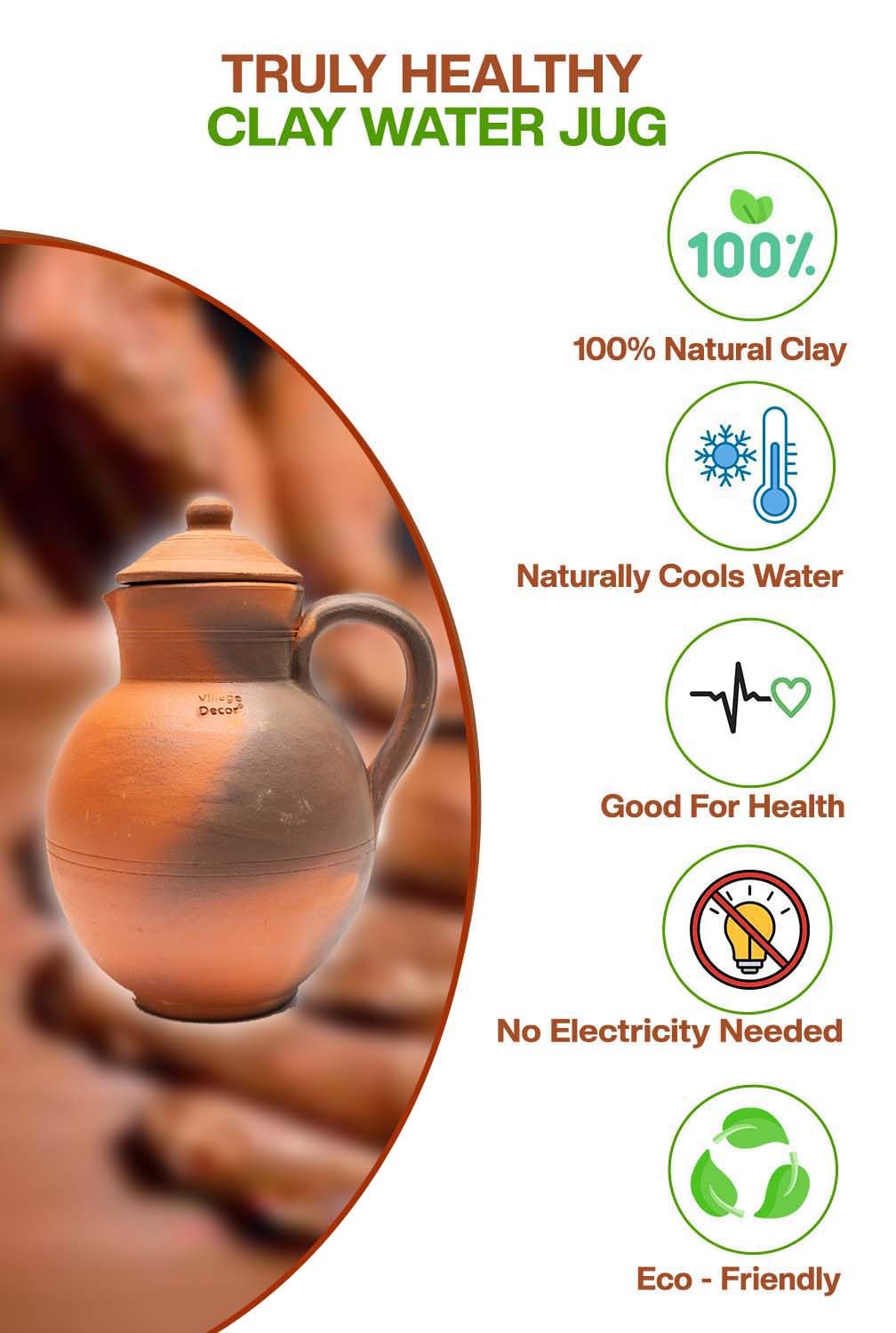 Village Decor Handmade Terracotta Preseasoned Clay Classic Water jug 1.5-2 Liter (Clay jug with lid)