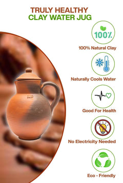 Village Decor Handmade Terracotta Preseasoned Clay Classic Water jug 1.5-2 Liter (Clay jug with lid)