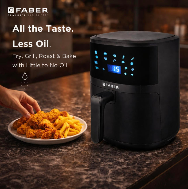 Faber 4L 1350W Digital Air Fryer | Fry, Bake, Roast | 85% Less Oil, 200°C Swirl Heating Technology |10-Preset Menu|Touch
