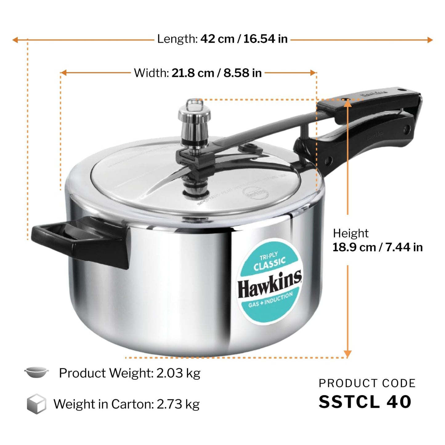 Hawkins Triply 4 Litre Classic Pressure Cooker, Triply Stainless Steel Induction Inner Lid Cooker & Tall Design, Silver (SSTCL40)