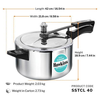 Hawkins Triply 4 Litre Classic Pressure Cooker, Triply Stainless Steel Induction Inner Lid Cooker & Tall Design, Silver (SSTCL40)