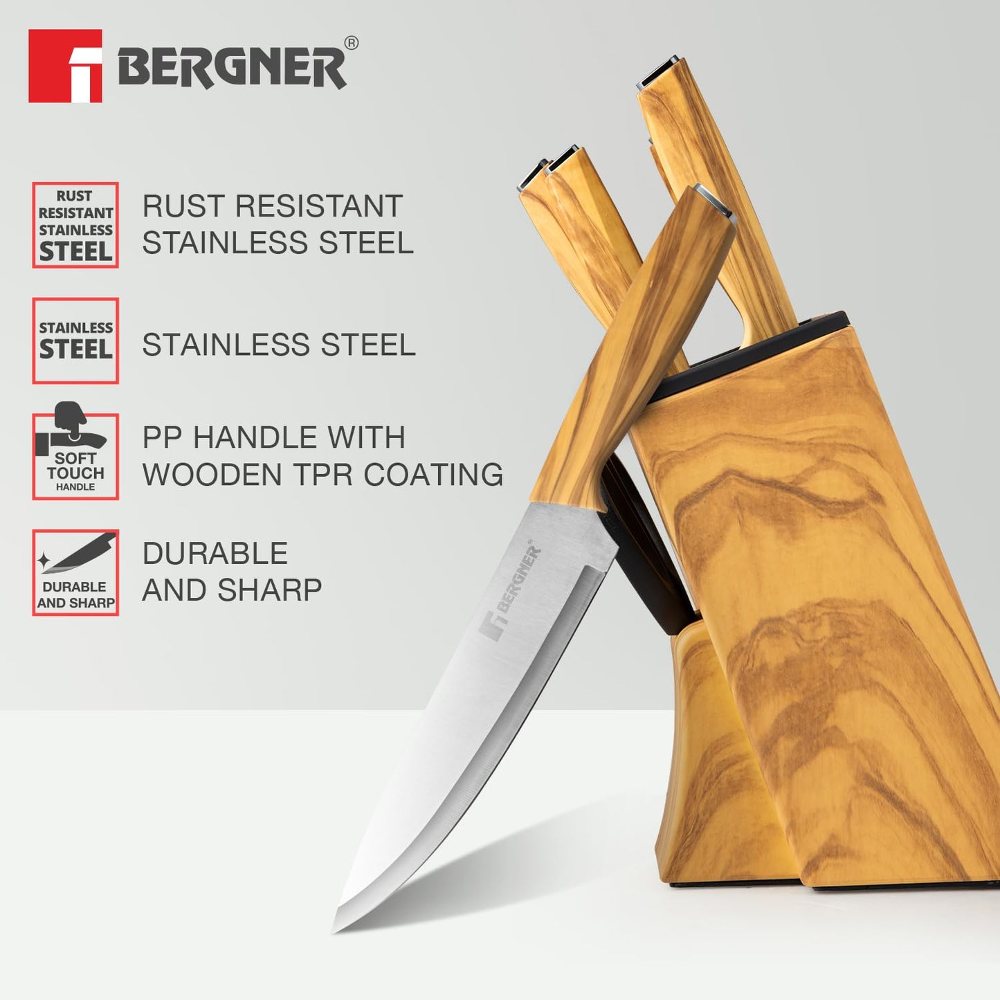 BERGNER Olive Garden Stainless Steel 7 Pcs Knife Set, Kitchen Knife Set of Chef Knife, Santoku Knife, Carving Knife, Utility Knife, Paring Knife, Scissor with Wooden Block, Durable, Soft Touch Handle