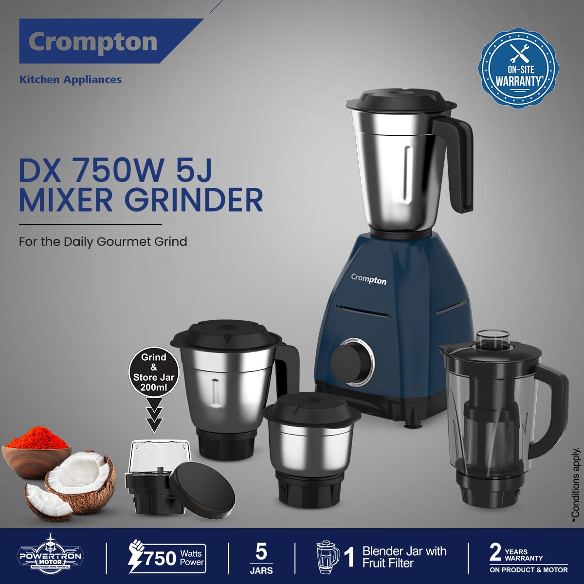 Crompton DX 750W Mixer Grinder with 5 Jars| 3 Stainless Steel Jars, 1 Blender Jar with Fruit Filter & 1 Grind & Store Jar | Powertron Motor | 2 Years Warranty