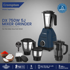 Crompton DX 750W Mixer Grinder with 5 Jars| 3 Stainless Steel Jars, 1 Blender Jar with Fruit Filter & 1 Grind & Store Jar | Powertron Motor | 2 Years Warranty