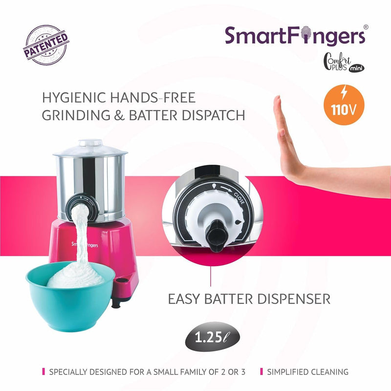SmartFingers Stainless Steel Comfort Plus Table Top Magic Wet Grinder 110V 60Hz (1.25 L) For Usa Canada And Japan Only, Pink