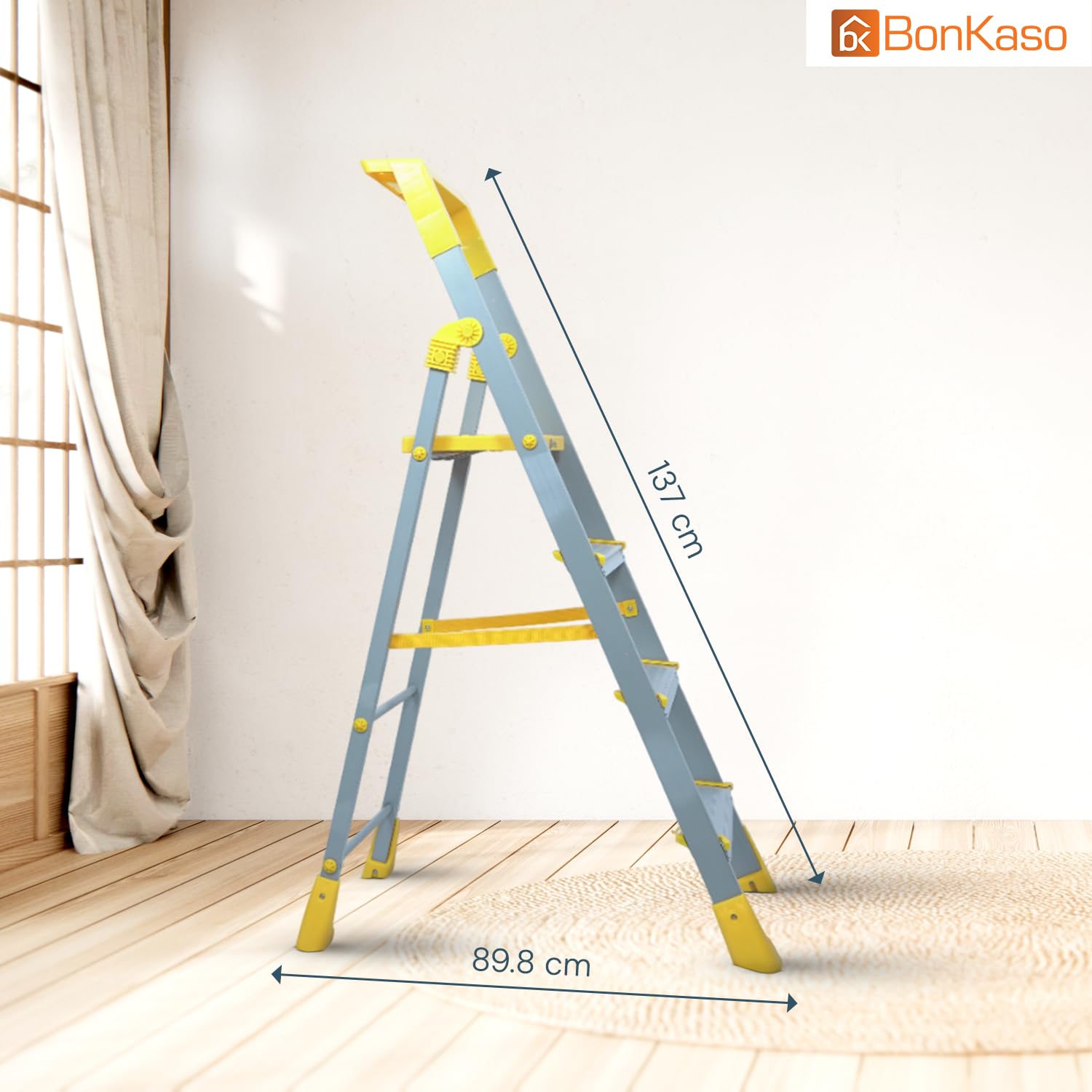 BonKaso Climb Lite Pro+ 4 Step Foldable Ladder with Tool Tray (89.8W x 137H Cm)| Heavy-Duty, Anti-Slip & Firm Grip, Load Capacity Upto 120kg | Durable & Portable (Aluminium Step, Yellow & Satin)