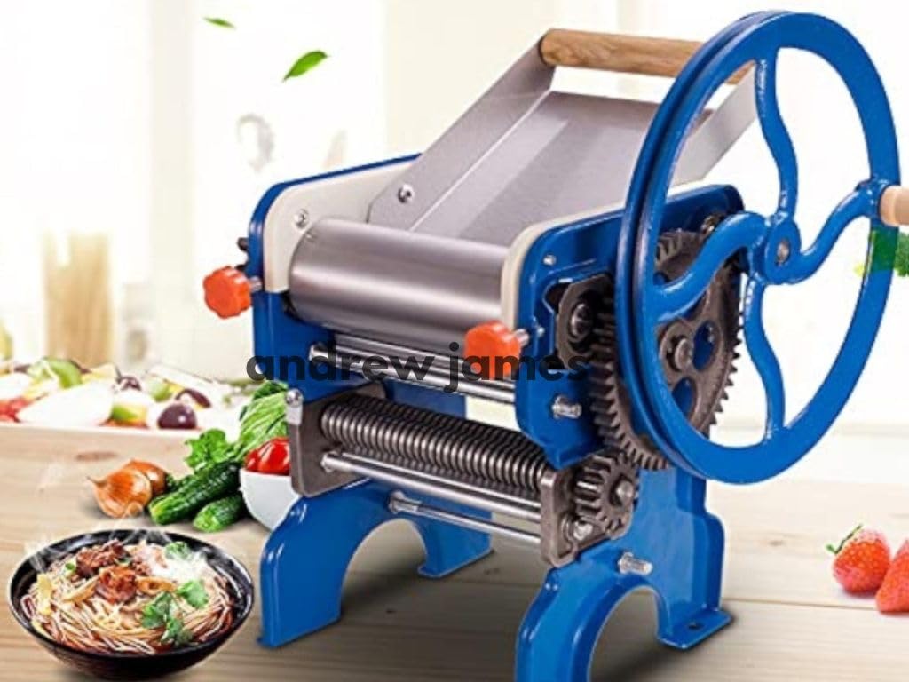 ANDREW JAMES Manual Commercial Heavy-Duty Manual Noodle Maker Machine with Dual 2mm & 4mm Stainless Steel Blades – Hand Crank Pasta Roller for Homemade Spaghetti & Dough Sheets