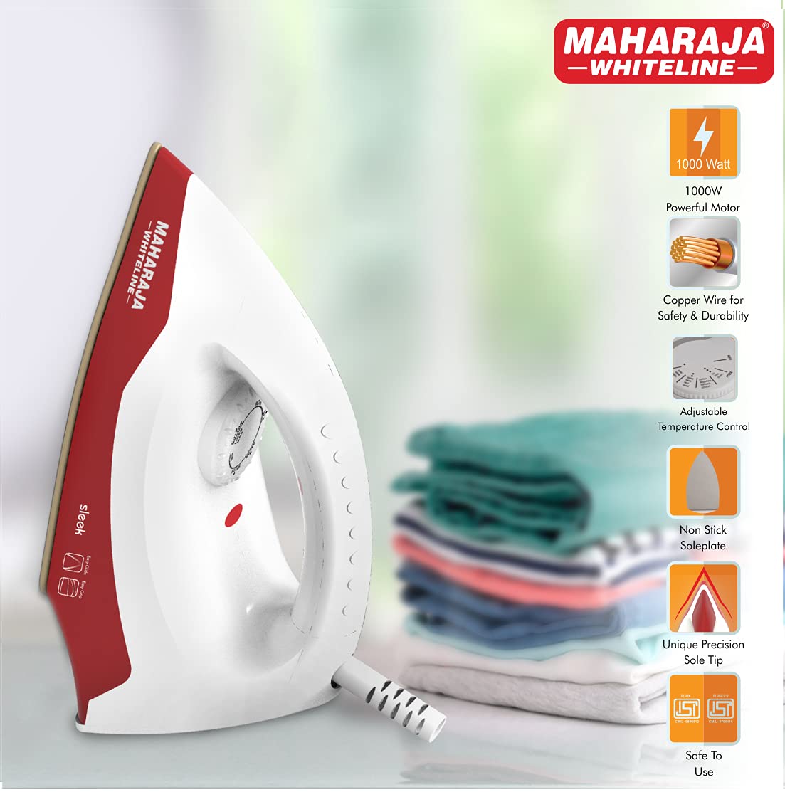 Maharaja Whiteline Sleek Plus Dry Iron, 1000 Watt, White and Red (DI-128)
