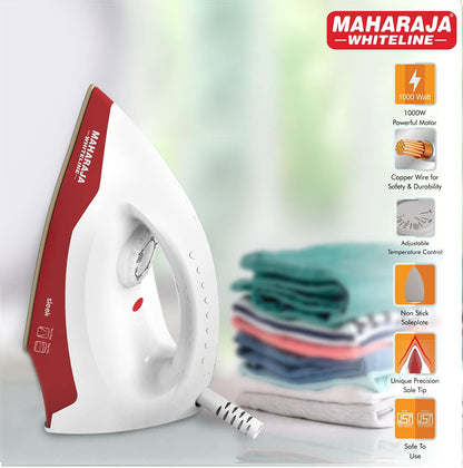 Maharaja Whiteline Sleek Plus Dry Iron, 1000 Watt, White and Red (DI-128)