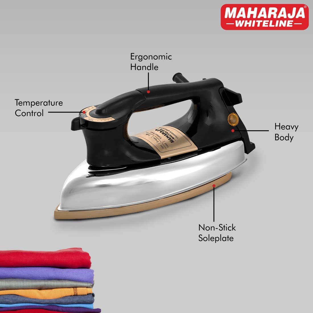Maharaja Whiteline Classico Plancha 1200 Watt Dry Iron | Non-Stick Soleplate | Heavy Body | Temprature Control | Ergonomic handle (Black), 1200 watts, Stainless Steel