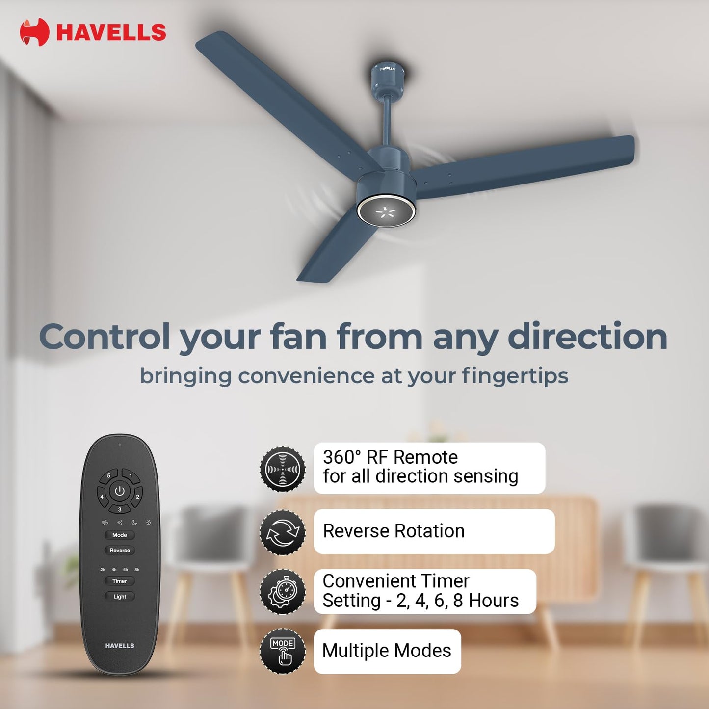 Havells FAB BLDC ULED Ceiling Fan 1200mm, 5 star, LED Speed Indicator, 380 RPM, Up to 65% Savings,Reverse Rotation,4 Speed Modes,Low Wattage 30W,Low Noise,Air Flow:225 CMM, 3 Year Warranty, Denim Blue