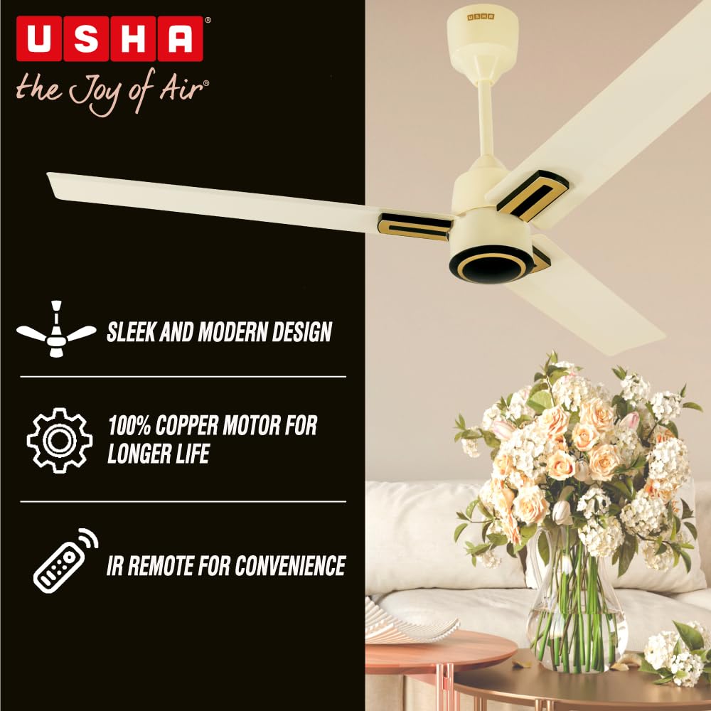 USHA AeroEdge Plus 1200mm BLDC Ceiling Fan with IR Remote | LED Indicator | BEE 5 Star Rated Energy Efficient | 100% Copper Motor | High Air Delivery 220CMM | 2 Year Warranty | (Ivory)