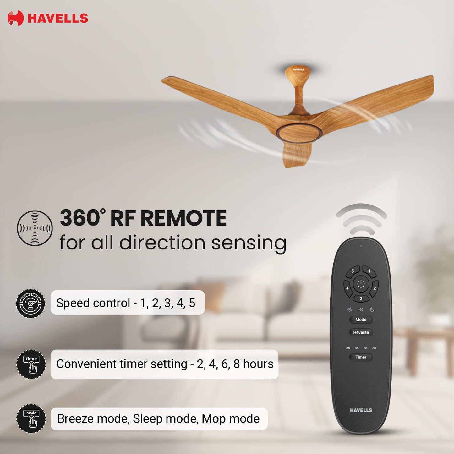 Havells Stealth Air BLDC Wood 1200mm Premium Ceiling Fan with 100% Pure Copper|5 Star Rating |Remote Controlled |Watt: 40|Air Flow: 245 cmm|Speed: 280 RPM|Free Installation|2 Year Warranty (Pinewood)
