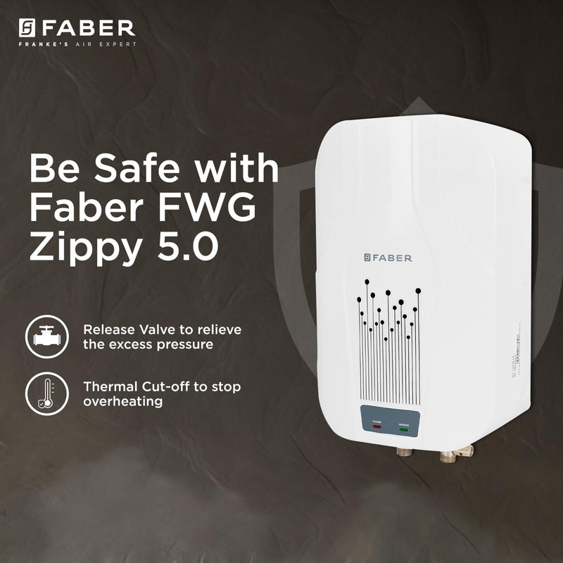 Faber Zippy Instant Geyser 5 Litre| 3000W Powerful Heating | Superior Energy Efficiency | 5Yr Tank, 3Yr Heating Element 