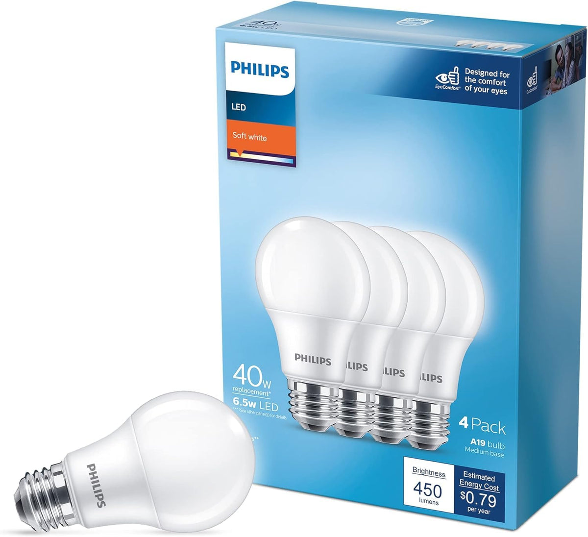 Philips LED Basic Frosted A19, Non-Dimmable, Eye Comfort Technology, 450 Lumen, Soft White(2700), 6.5W=40W