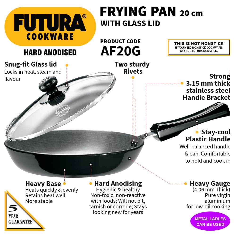 Hawkins Futura 20 cm Frying Pan, Hard Anodised Fry Pan with Glass Lid, Small Frying Pan, Black (AF20G)