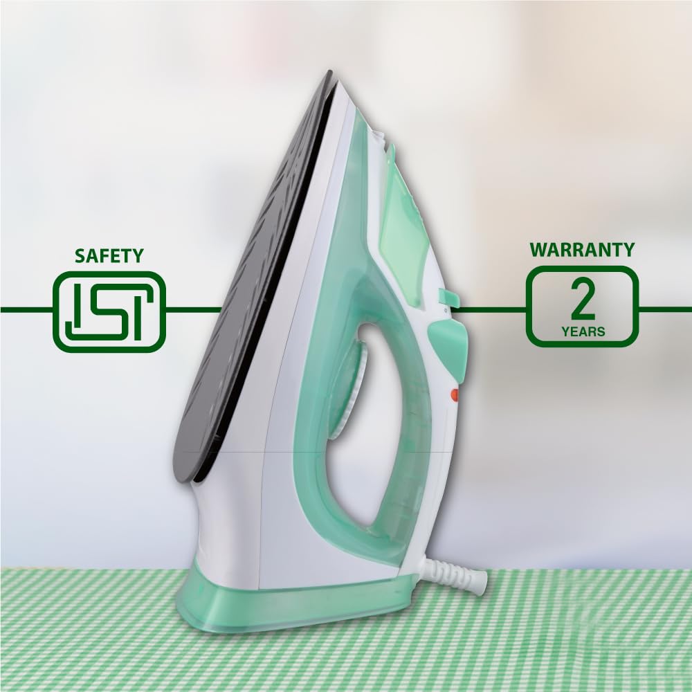Usha 3816 1600W Steam Iron with Shock Proof Body | Teflon Coated Soleplate | Powerful Steam Output upto18gm/min | 280ml Water Tank Capacity | Overheat Safety Shutoff | 2 Years Warranty|(Green & White)