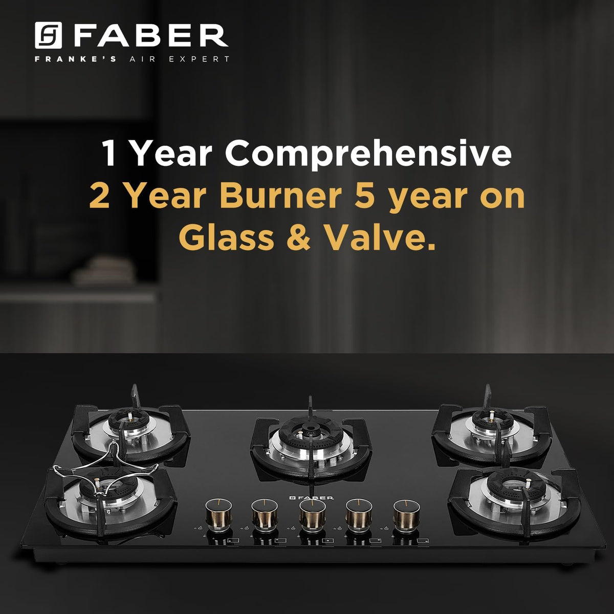 Faber Hob 90 cm 5 Burner|Auto-Ignition|Spillage Proof|Brass Burners|Metal Knobs|Pan Support|2yrs on Burner,5 Yrs Warrant