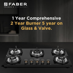 Faber Hob 90 cm 5 Burner|Auto-Ignition|Spillage Proof|Brass Burners|Metal Knobs|Pan Support|2yrs on Burner,5 Yrs Warrant