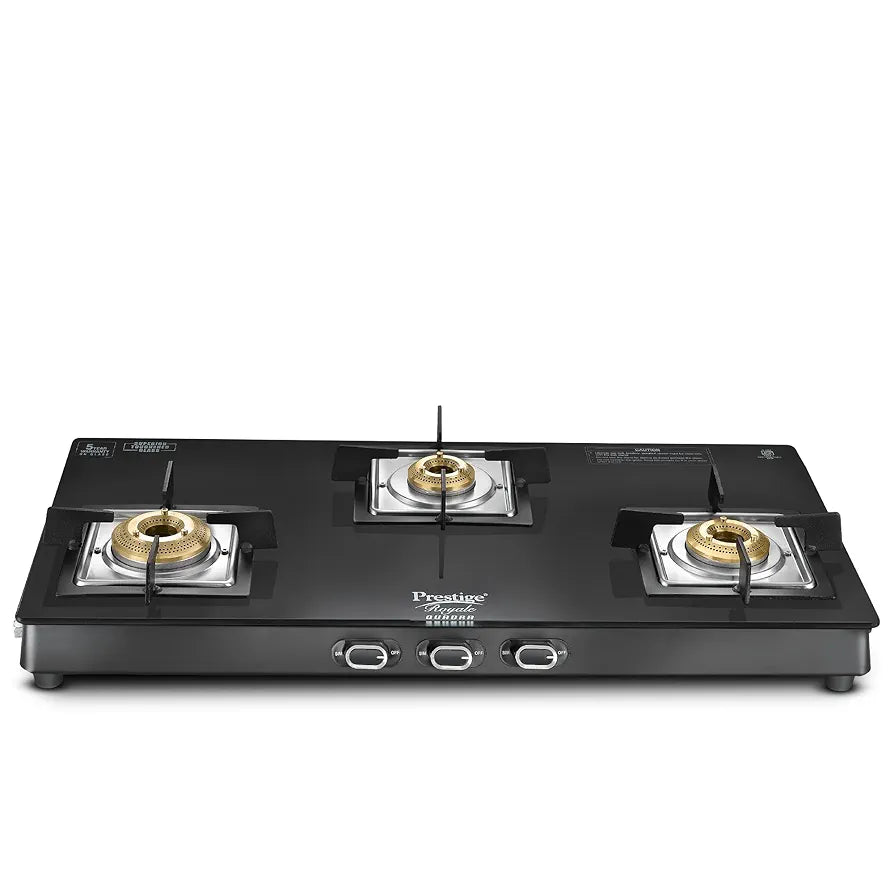 Prestige Royale Quadra 3Burner Gas Stove|Superior Toughened Glasstop with 5-Year Warranty| 3-Way Nozzle Design|Tri-Pin Jumbo Burner |Uniquely Designed Pan Support |Elegantly Designed Knobs|Black