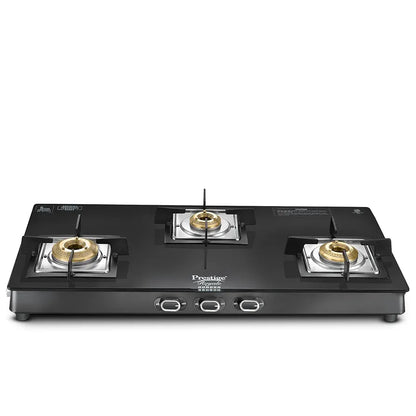 Prestige Royale Quadra 3Burner Gas Stove|Superior Toughened Glasstop with 5-Year Warranty| 3-Way Nozzle Design|Tri-Pin Jumbo Burner |Uniquely Designed Pan Support |Elegantly Designed Knobs|Black