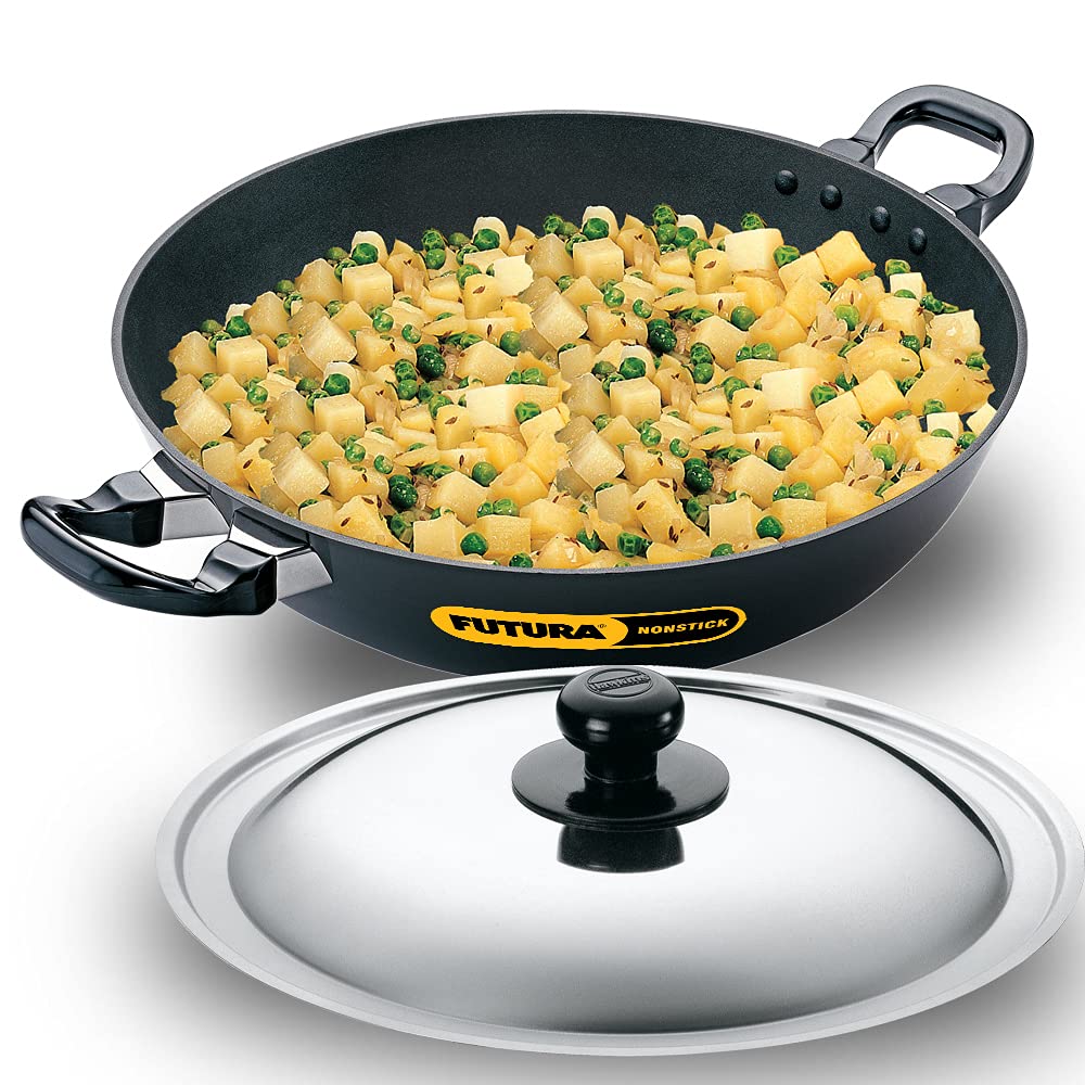 Hawkins Futura 1.5 Litre Deep Fry Pan, Non Stick Kadai with Stainless Steel Lid, Round Bottom Kadhai, Small Non Stick Kadai, Black (NK15S)