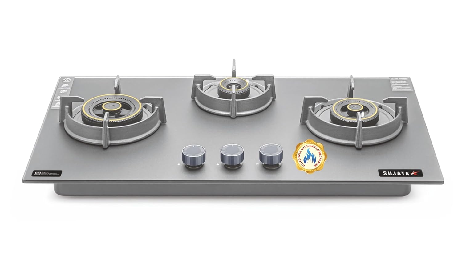 Sujata 3 Burner Gas Stove Glass Top | 5 Years Warranty | Auto Ignition Gas Stove 3 Burner, CookTop cum Hob Top 3 Burners, LPG & PNG Compatible, Brass Burner (Palladium FFD Auto Ignition - Black)
