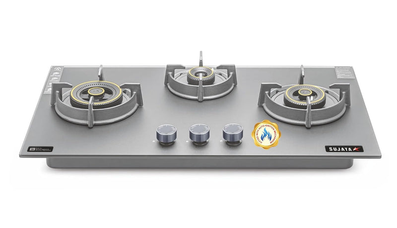 Sujata 3 Burner Gas Stove Glass Top | 5 Years Warranty | Auto Ignition Gas Stove 3 Burner, CookTop cum Hob Top 3 Burners, LPG & PNG Compatible, Brass Burner (Palladium FFD Auto Ignition - Black)
