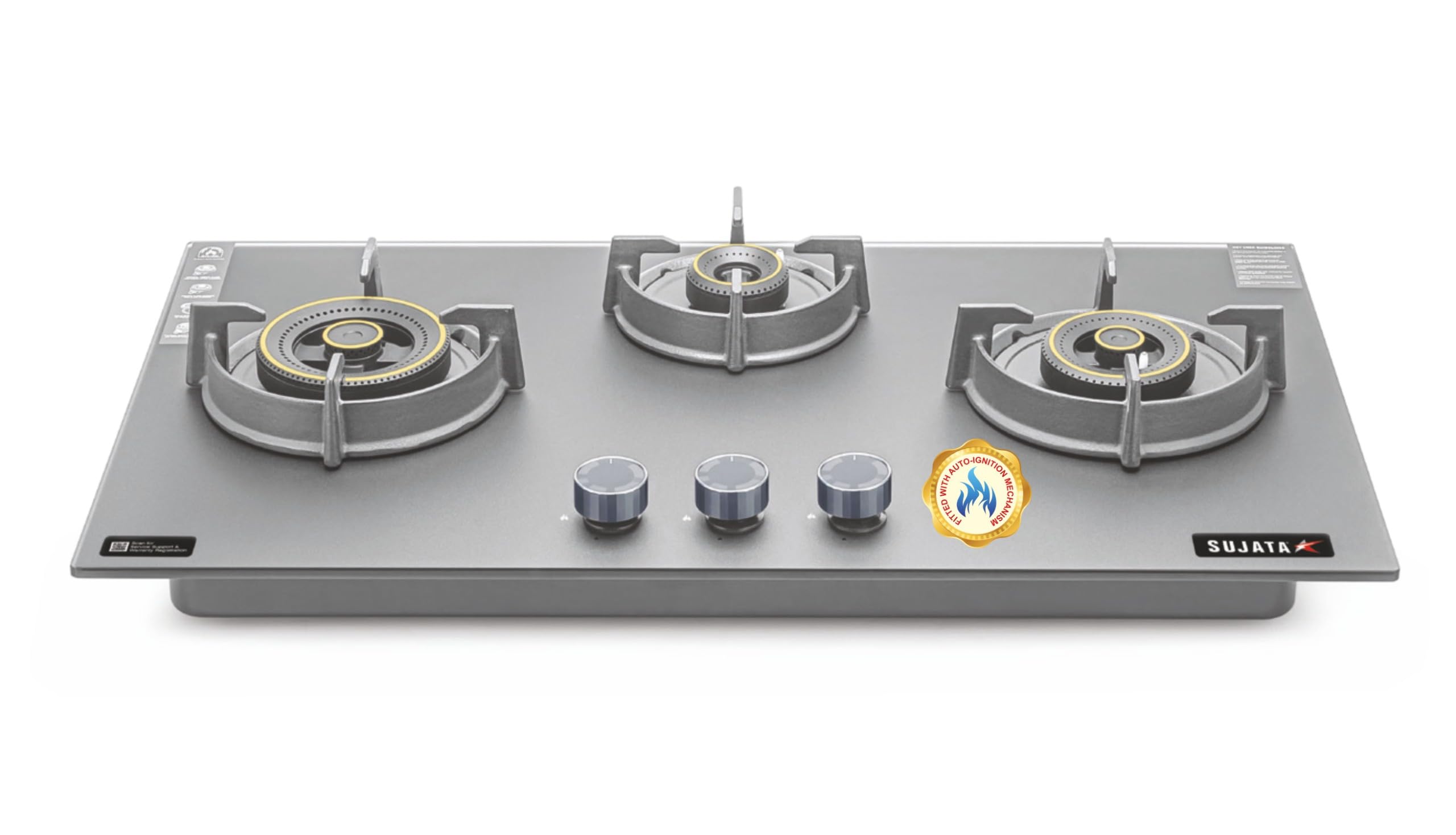 Sujata Gas Stove 3 Burners | 5 Years Warranty | 3 Burner Gas Stove Stainless Steel Auto Ignition, CookTop cum Hob Top, LPG Ready & PNG Compatible, Brass Burner (Osmium - 3 Burner Auto Ignition)