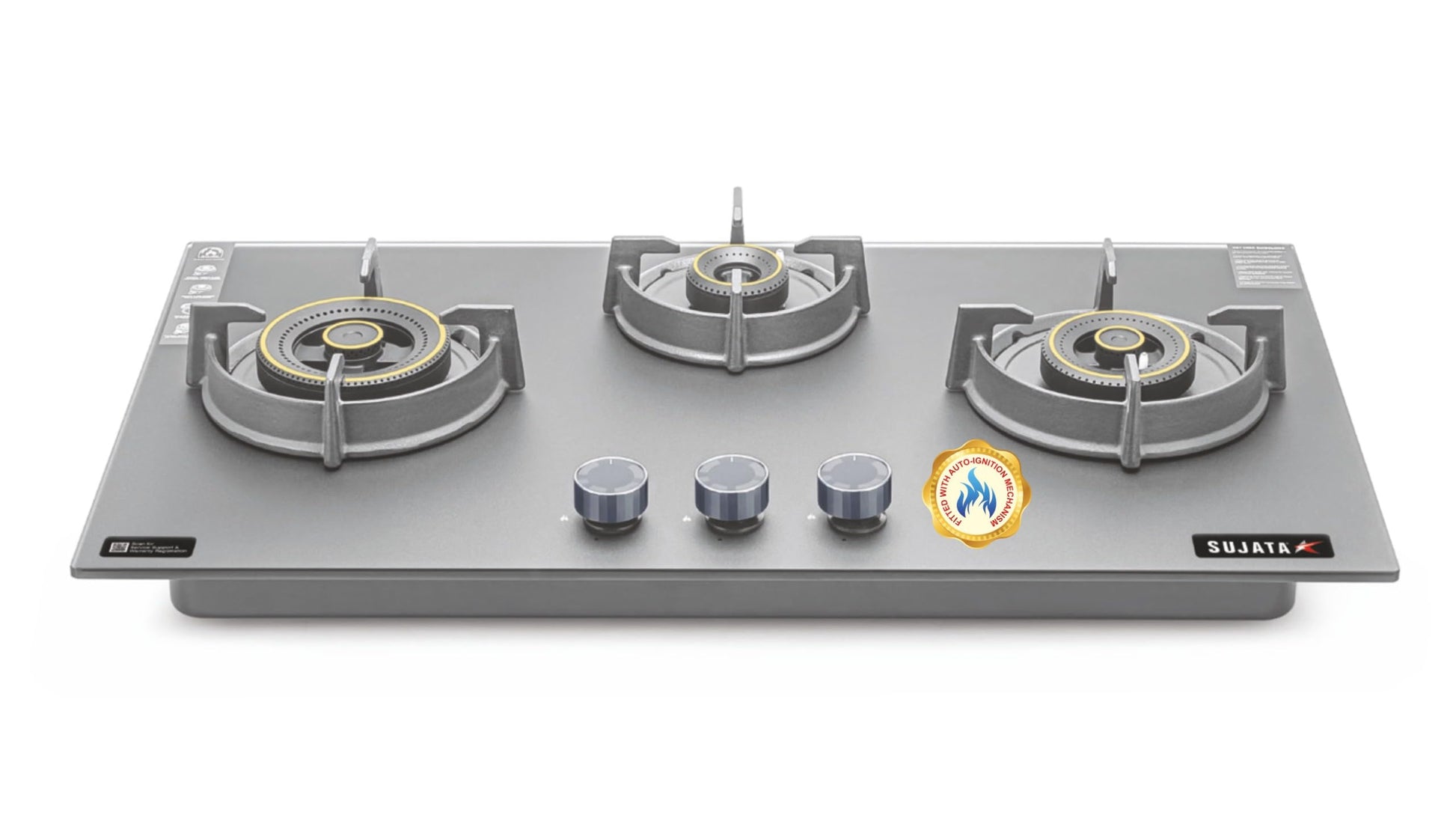 Sujata Gas Stove 4 Burners | 5 Years Warranty | 4 Burner Gas Stove Stainless Steel Auto Ignition, CookTop cum Hob Top, LPG Ready & PNG Compatible, Brass Burner (Osmium - 4 Burner Auto Ignition)